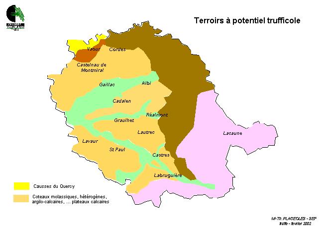 carte des zones du Tarn à potentiel trufficole